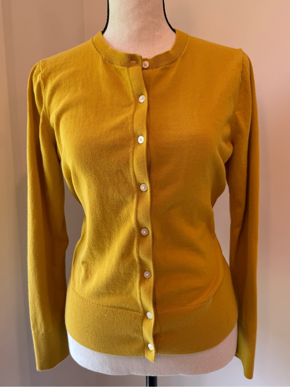 LOFT Mustard Yellow 100% Cotton Crew Neck Button Cardigan Sweater Size M